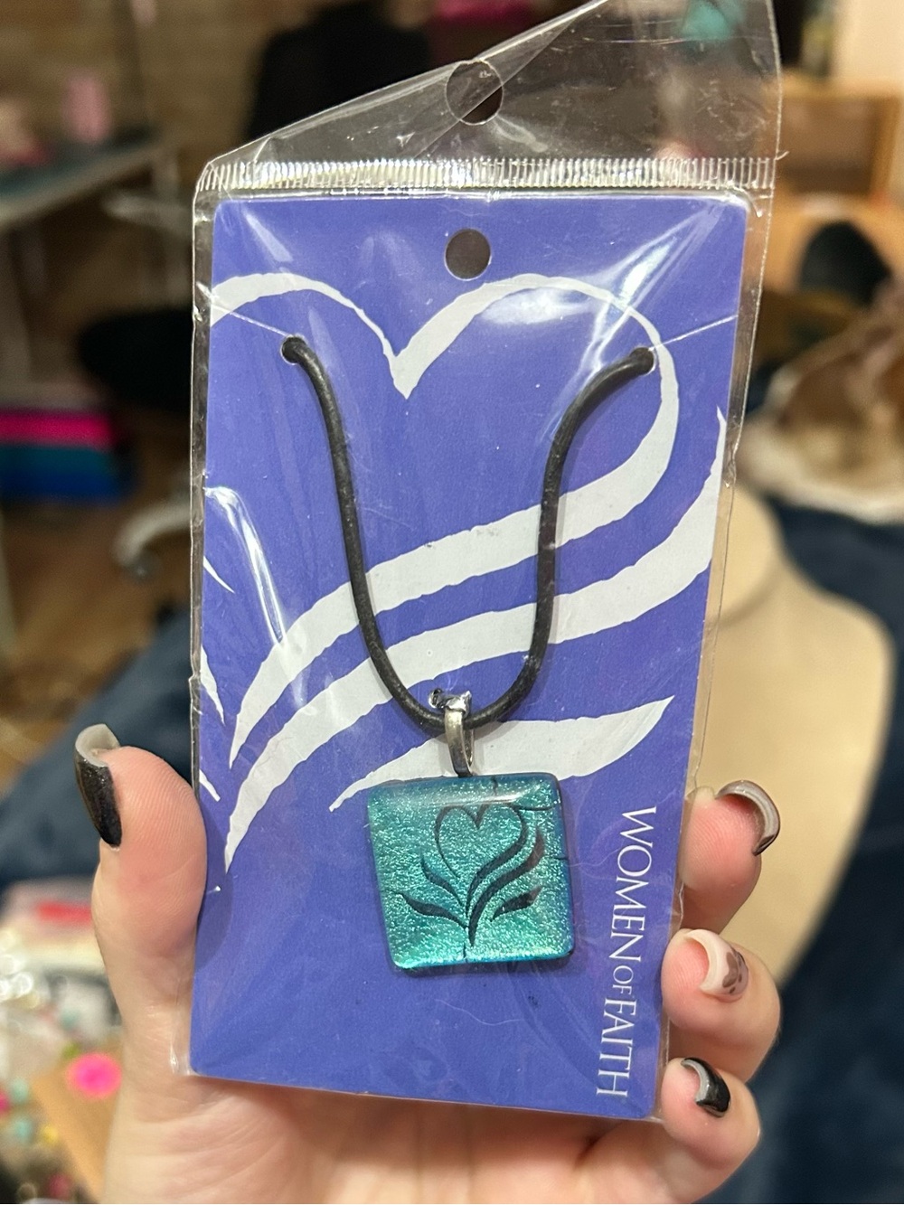 Women of Faith Blue Fused Glass Heart Pendant Necklace Cord Necklace NIP